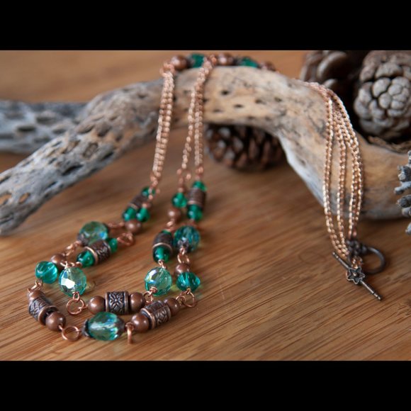 NEW Handmade - Aqua Green Glass and Copper Necklace - Picture 4 of 10